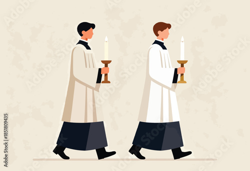 Two figures in clerical vestments walk side-by-side, holding lit candles