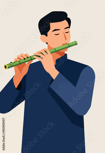 Man in dark blue clothing plays a green bamboo flute with closed eyes