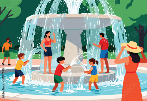 People enjoying a refreshing water fountain on a sunny day