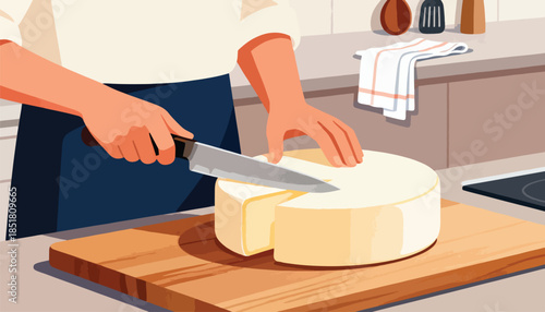 Hands slice a large round cheese on a wooden cutting board in a kitchen
