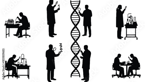 Scientists examine DNA structures and conduct experiments in a laboratory.