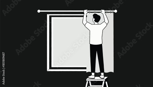 Person on stool hanging curtain against plain background