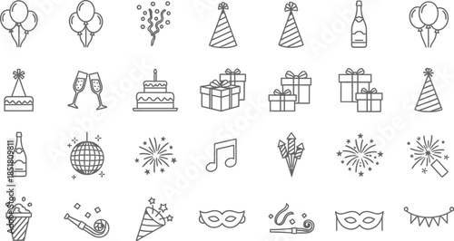 Party celebration icons set with festive symbols and decorations