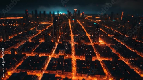 Video Aerial view of a city at night with bright lights and bustling streets