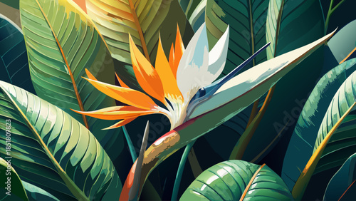 Very beautiful close-up of a giant white bird of paradise blossom, showcasing exotic Strelitzia nicolai petals and leaf textures with dramatic scale, refined detail, and tropical botanical elegance.