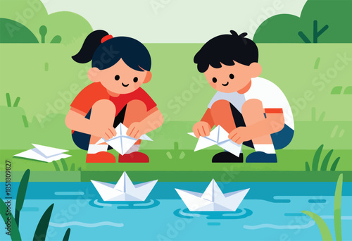 Two children crouch by water, launching paper boats, with lush greenery behind