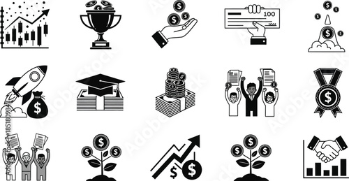 Financial success icons for business and investment growth strategy