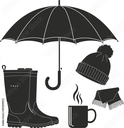 Silhouette collection of winter weather items including umbrella and boots scarf