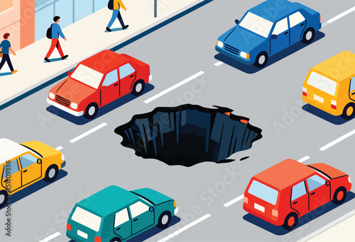 Cars and pedestrians navigate a street with a large, dark sinkhole