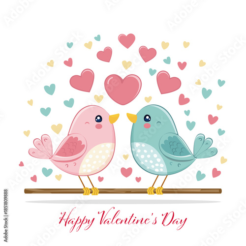 Valentine Birds with Heart Arch and Greeting Text –A cute, playful vector illustration of two cartoon birds perched on a branch beneath a colorful arch of hearts. Text is outlined. 
