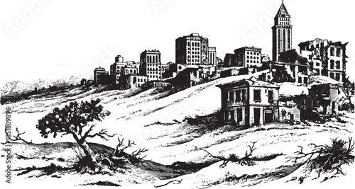 City landscape illustration featuring buildings in a desert setting. A vintage black and white vector illustration showcasing urban structures and trees.