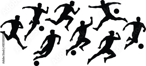 Silhouette figures of soccer players arranged in a dynamic sequence