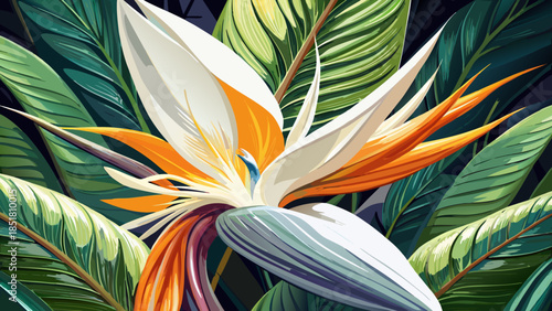 Very beautiful close-up of a giant white bird of paradise blossom, showcasing exotic Strelitzia nicolai petals and leaf textures with dramatic scale, refined detail, and tropical botanical elegance.