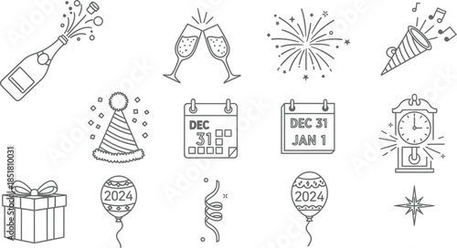 New Year celebration icons set with party elements and decorations