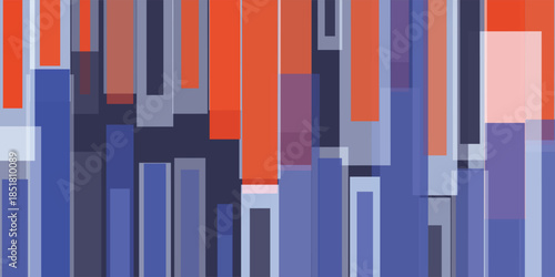 
Abstract vector background with vertical layers of gradient rectangles, thick lines in soft blue, red and grey tones. Modern geometric design for digital, decorative and creative use.