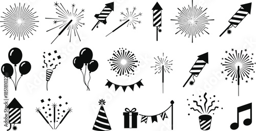 Black icons of party fireworks and celebrations