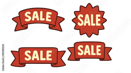 Four red sale banners and labels are displayed on a white background.