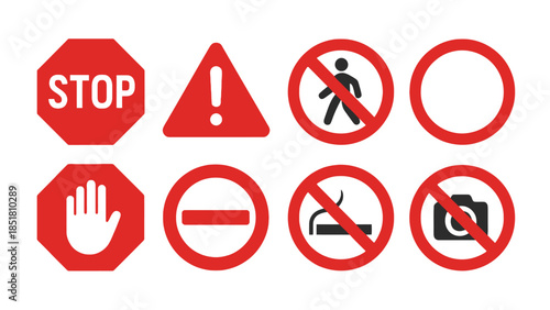 Collection of red and white prohibition and warning signs on a white background.