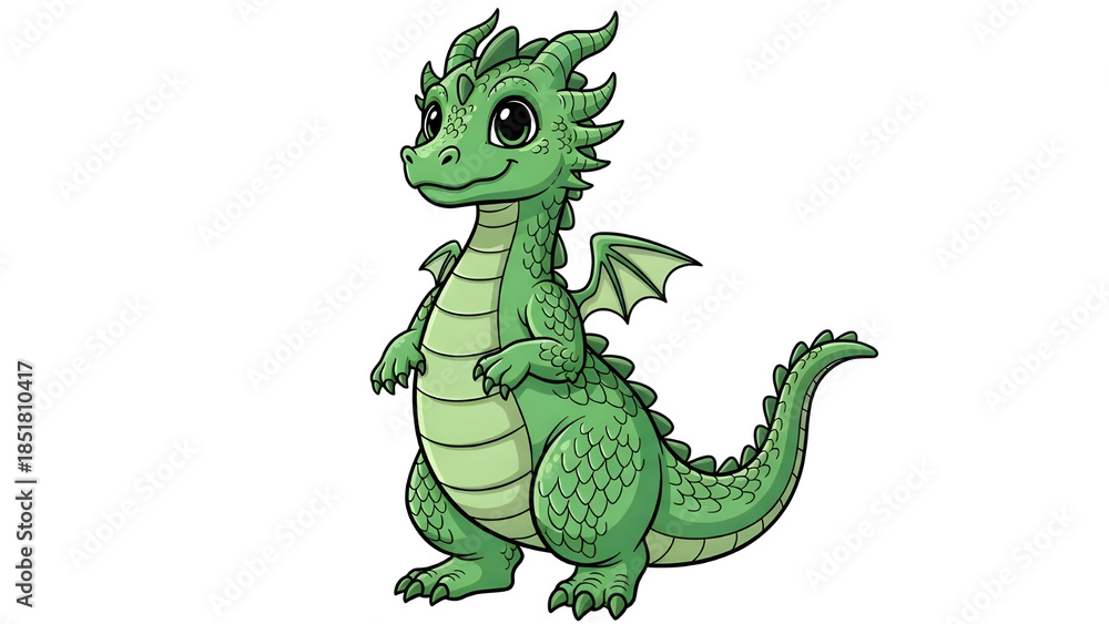 Fototapeta premium green dragon vector, Cute Green Dragon Cartoon Character Standing Upright With Wings, Playful Friendly Fantasy Creature