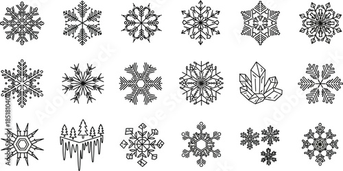 Delicate snowflakes in various patterns and designs for winter themes