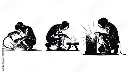 Silhouettes of welders performing their craft with sparks flying.