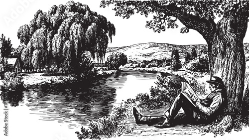 A man reading by a river under a tree. Vintage black and white vector illustration depicting a peaceful outdoor landscape scene.