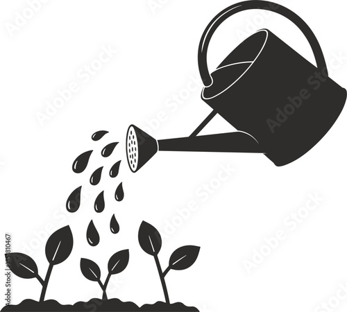 Silhouette of a watering can pouring water on small plants seedlings growing