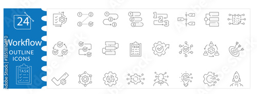 Workflow Management Icon Set. A Complete Collection of Line Icons for Process Automation, Project Stages, Task Transitions, Approval Steps, and System Integration. Editable Stroke Vector Illustration.