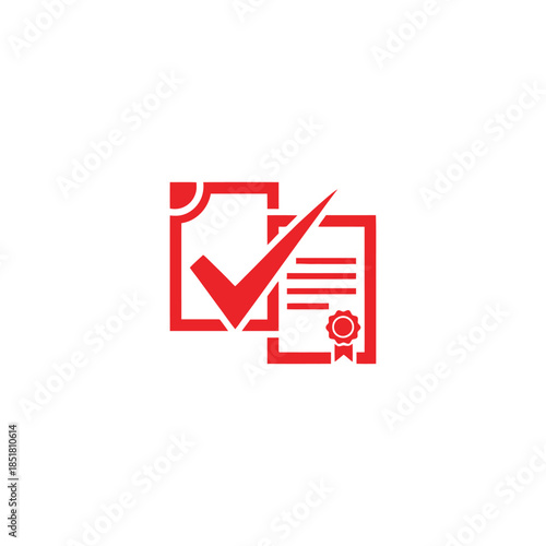 Document verification with a red checkmark on a certificate