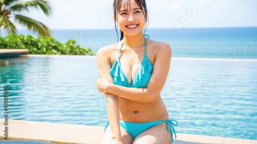 プールサイドで恥ずかしそうに微笑む水着の女性