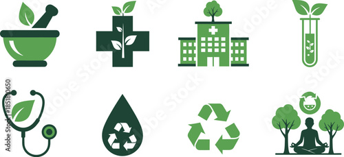 Set of green icons representing natural health, medicine, and environmental care.