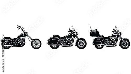 Three different styles of motorcycles are displayed in a row.