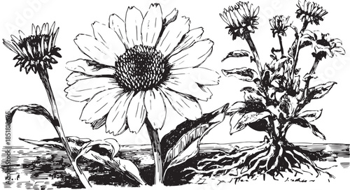 Sunflower and wildflower botanical illustration. Detailed black and white sketch, perfect for vintage decor vector art set.