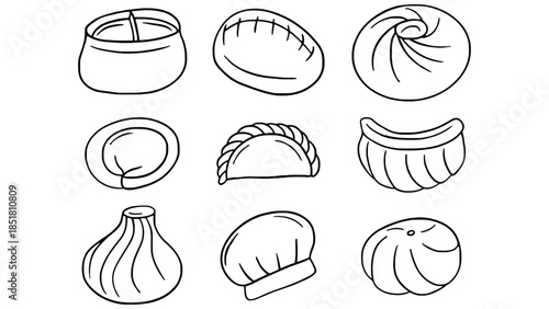 A collection of various dumplings and dim sum in a simple line art illustration.