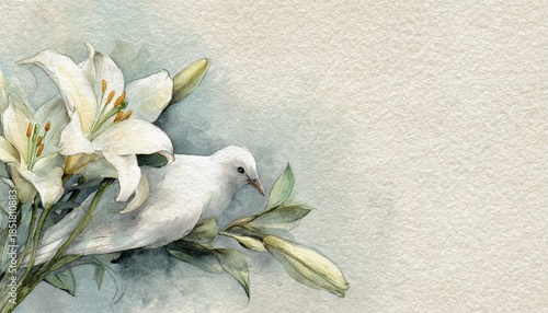 Watercolor funeral memorial card with white lily flowers and peaceful white dove on textured paper