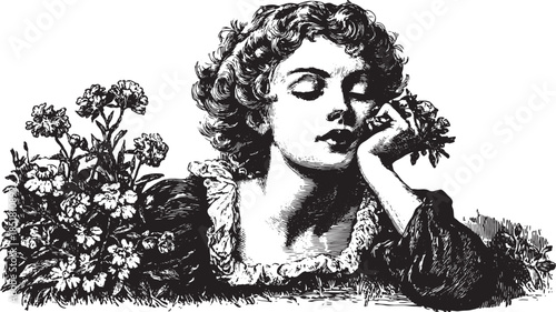 Vintage engraving of a thoughtful woman surrounded by flowers. Detailed black and white vector illustration showcases classic features and style.