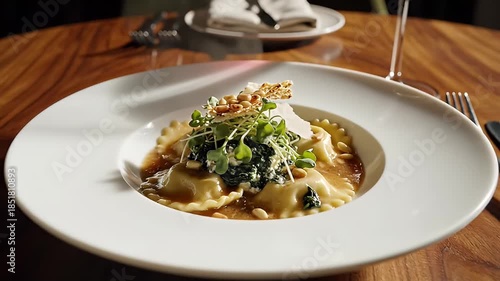 Delicious gourmet ravioli dish with creamy sauce and fresh microgreens served on a white plate at an upscale restaurant table setting
