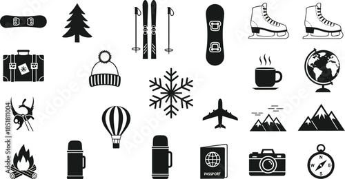 Winter travel and adventure icons for planning and exploration