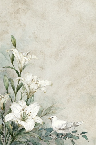Watercolor funeral memorial card with white lily flowers and peaceful white dove on textured paper