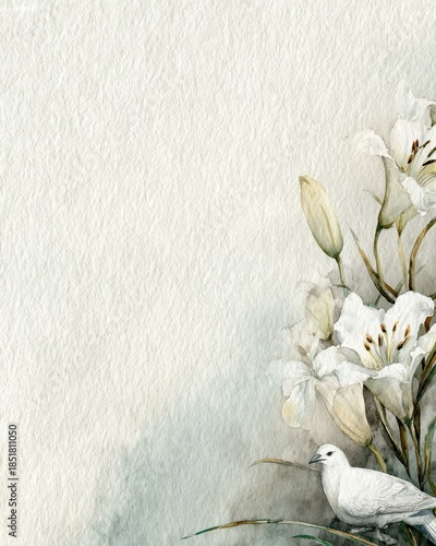 Watercolor funeral memorial card with white lily flowers and peaceful white dove on textured paper