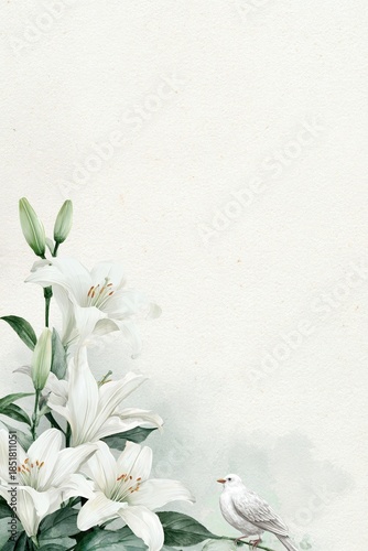 Watercolor funeral memorial card with white lily flowers and peaceful white dove on textured paper