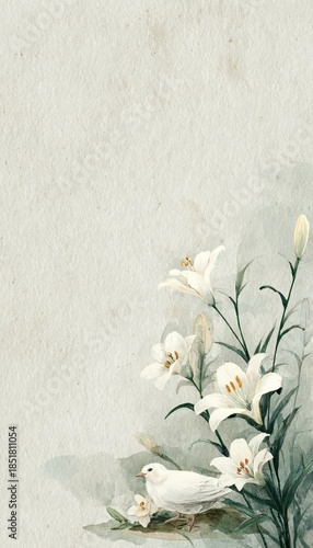 Watercolor funeral memorial card with white lily flowers and peaceful white dove on textured paper