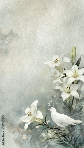 Watercolor funeral memorial card with white lily flowers and peaceful white dove on textured paper