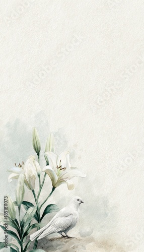 Watercolor funeral memorial card with white lily flowers and peaceful white dove on textured paper