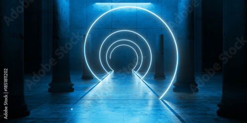 Fototapeta Naklejka Na Ścianę i Meble -  Cyber Futuristic Underground Basement Center Sci Fi Laser Neon Glowing VIbrant Concrete Grunge Warehouse Dystopian 3D Rendering