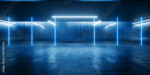 Fototapeta Naklejka Na Ścianę i Meble -  Cyber Futuristic Underground Basement Center Sci Fi Laser Neon Glowing VIbrant Concrete Grunge Warehouse Dystopian 3D Rendering