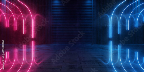 Fototapeta Naklejka Na Ścianę i Meble -  Cyber Futuristic Underground Basement Center Sci Fi Laser Neon Glowing VIbrant Concrete Grunge Warehouse Dystopian 3D Rendering