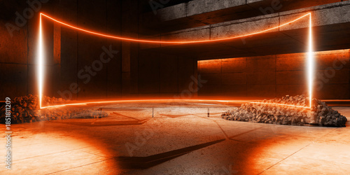 Fototapeta Naklejka Na Ścianę i Meble -  Cyber Futuristic Underground Basement Center Sci Fi Laser Neon Glowing VIbrant Concrete Grunge Warehouse Dystopian 3D Rendering