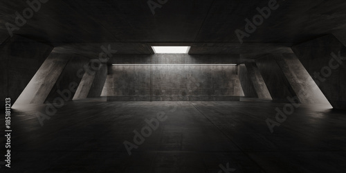 Fototapeta Naklejka Na Ścianę i Meble -  Cyber Futuristic Underground Basement Center Sci Fi Laser Neon Glowing VIbrant Concrete Grunge Warehouse Dystopian 3D Rendering