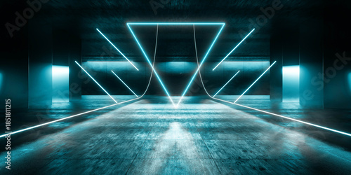 Fototapeta Naklejka Na Ścianę i Meble -  Cyber Futuristic Underground Basement Center Sci Fi Laser Neon Glowing VIbrant Concrete Grunge Warehouse Dystopian 3D Rendering